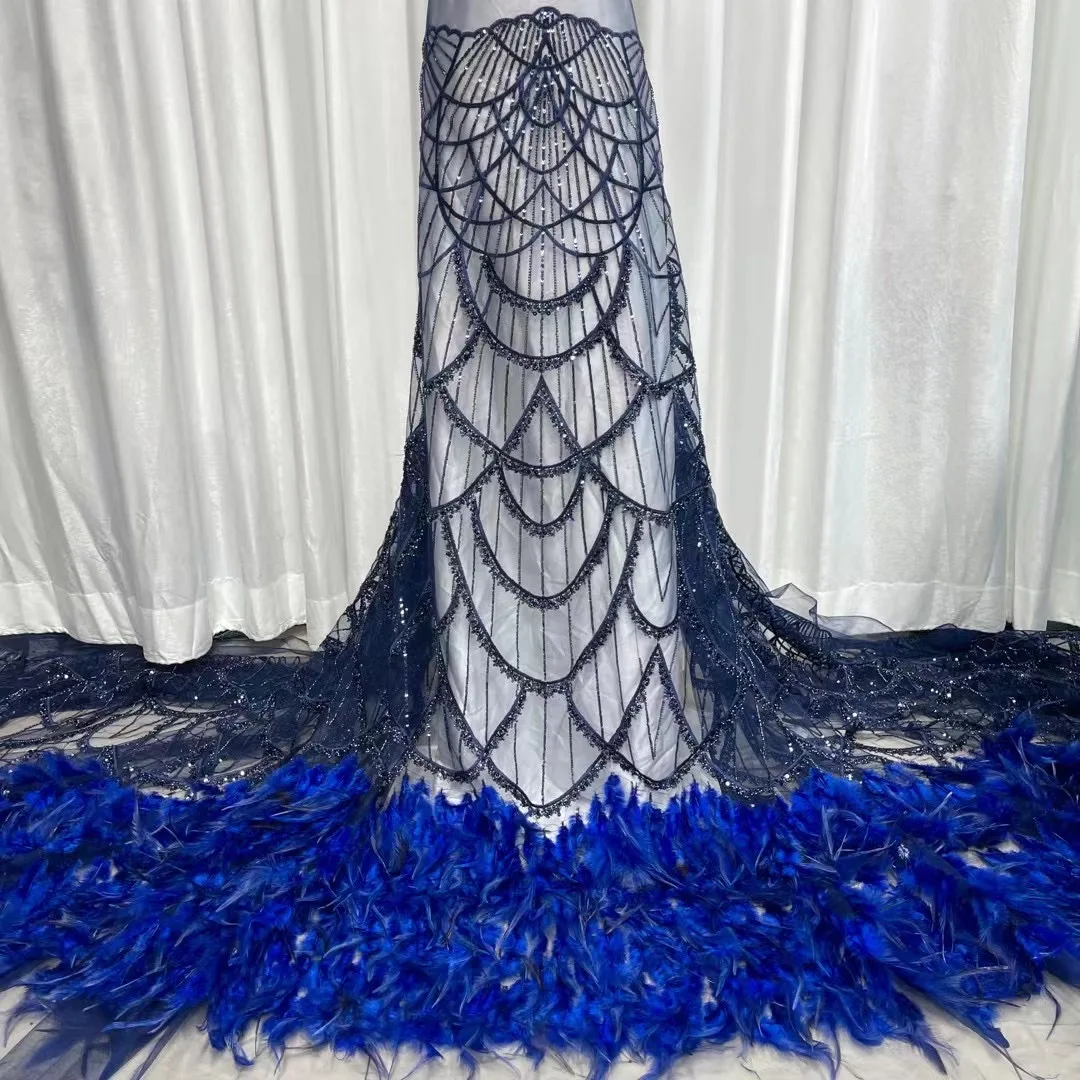 Blue African Bead Sequin Lace Fabric 5 Yards 2022 Wedding Applique Nigerian 3D Feather French Mesh Tulle Feather Lace Materials