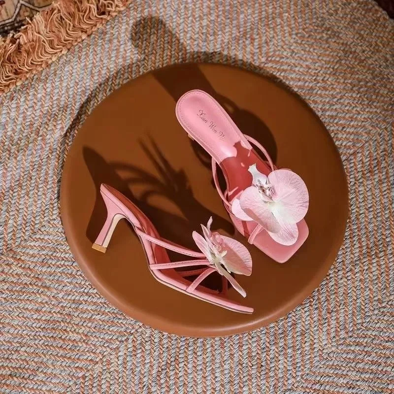Pink Red Green Orchid Flowers Decor Outside Women Hight Heels Slippers Summer 2024 Thin Heels Ladies Flipflops