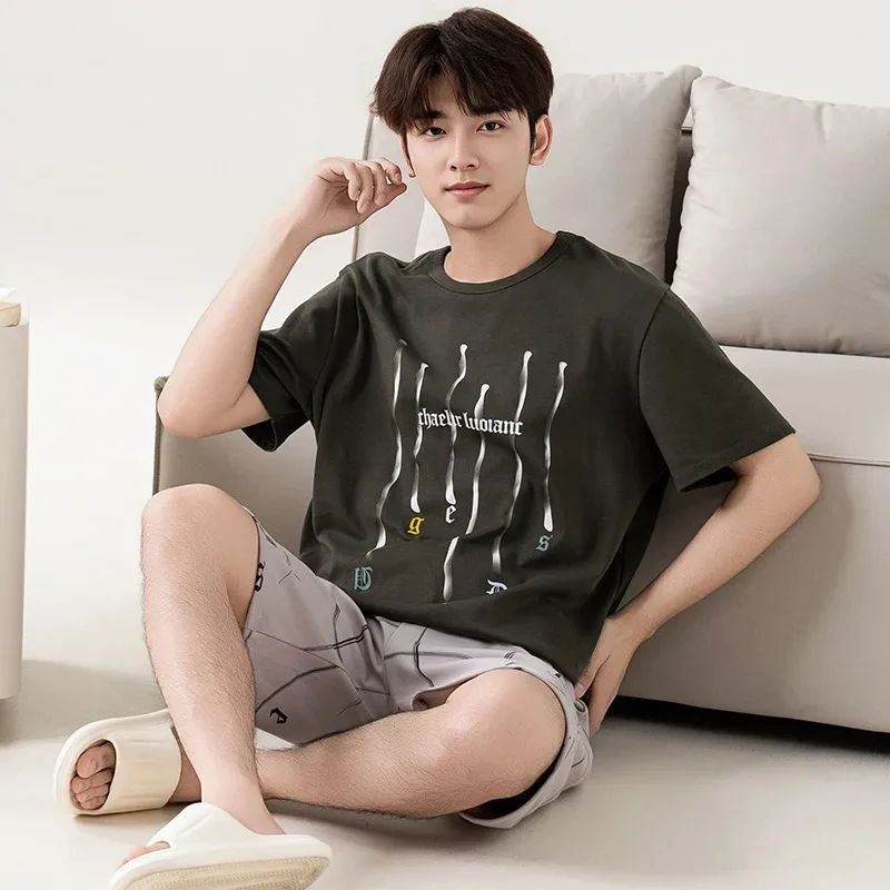 Ensemble de pyjamas d\'été en coton pour hommes, vêtements de nuit courts, pantalons en Y, vêtements de nuit décontractés pour hommes, 2 pièces