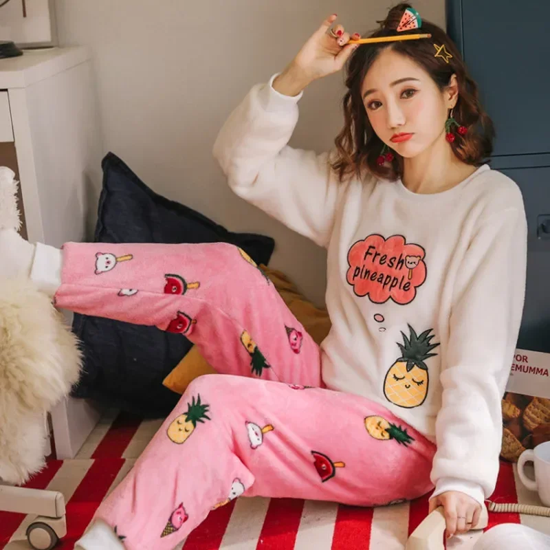 Thickened Warm Sleepwear for Winter Flannel O-Neck School Homewear Set Women's Pajamas Long Sleeves Cartoon Cat Pineapple image 4
