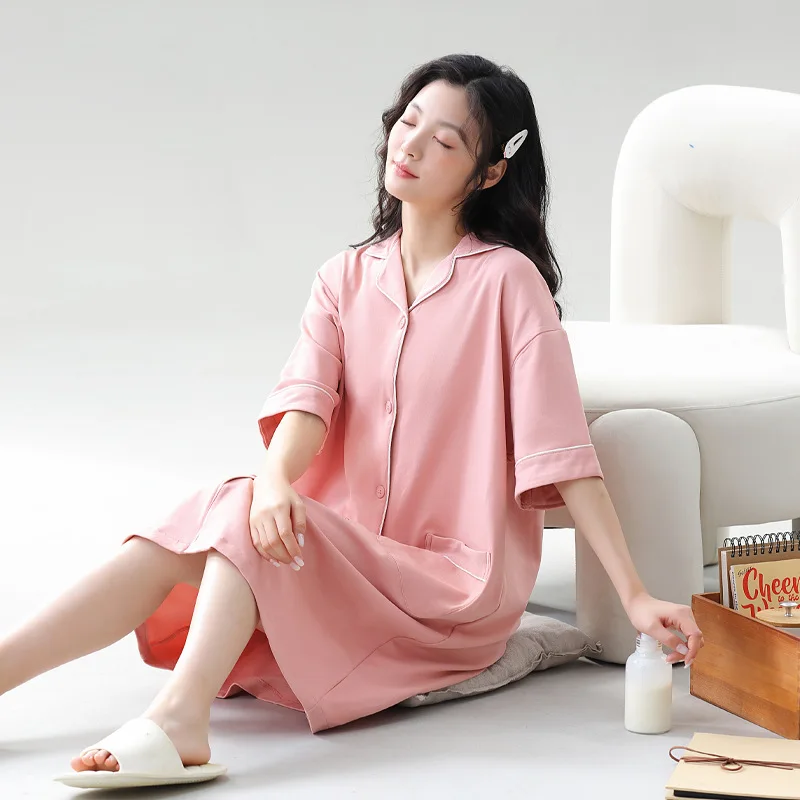 Newest Summer M-2XL Cotton Nightgown Ladies Sleepwear Girls Gift Short Sleeve Cardigan Nightdress Solid Color Home Clothing