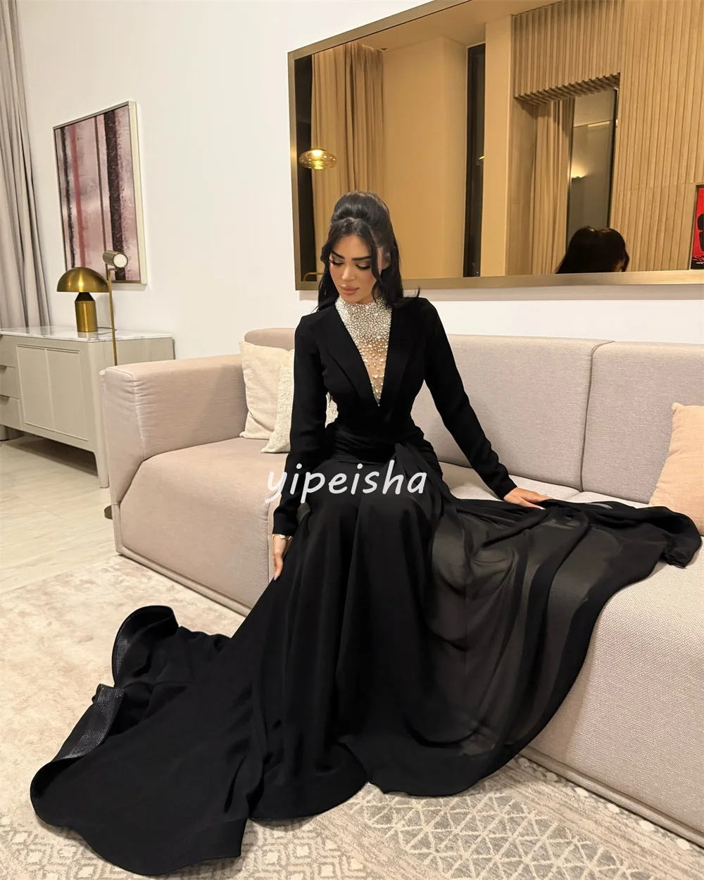 Customized High Quality Intricate Chiffon Rhinestone Pleat Mermaid High Collar Long Dresses Bespoke Occasion Dresses Elegant