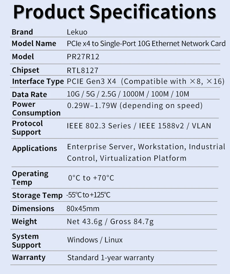 Lekuo PCIe 3.0 X4 to 1 Port 10G Ethernet Network Card 10Gbps RJ45 Lan Card for Realtek8127(PXE) Multi-Gigabit Network Speeds