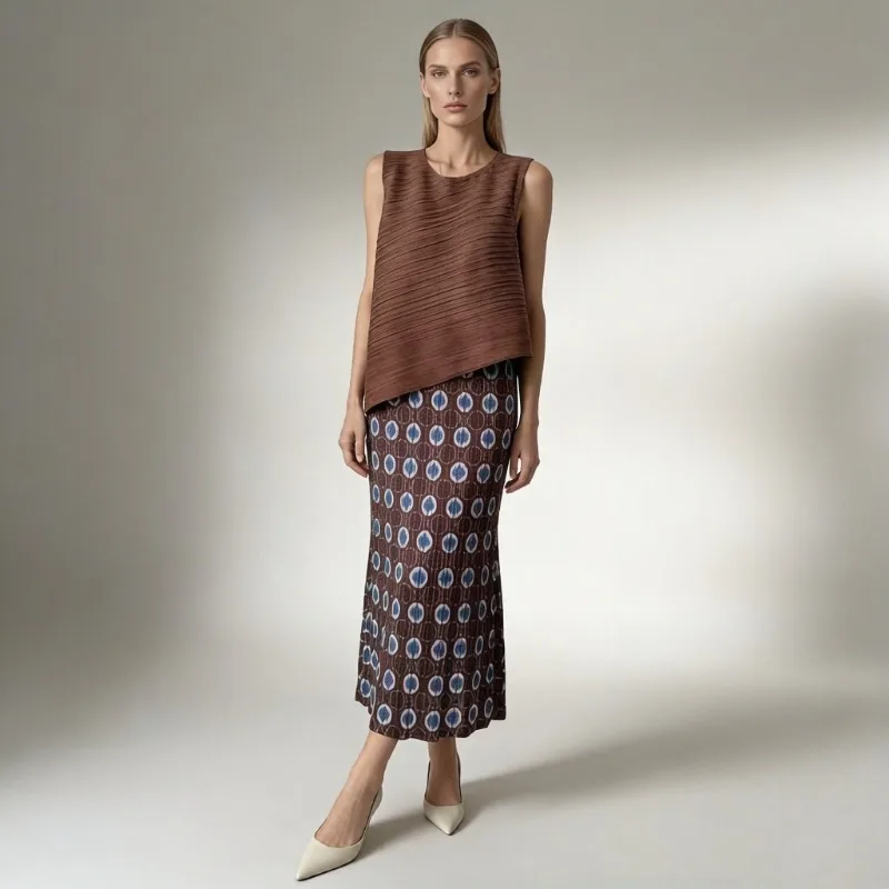 

Miyake Fashion Printed Pleated Skirt Set 2026 Summer New Pleats Elegant Fashion Waist-Cinching Loose Elegant Long Skirt Women