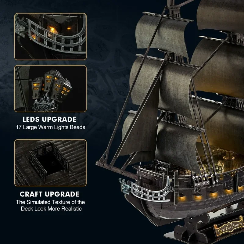 3D DIY Puzzles Large Black Pearl Pirate Ship Cardboard Anne\'s Sailboat Building Toys for Adults Kids
