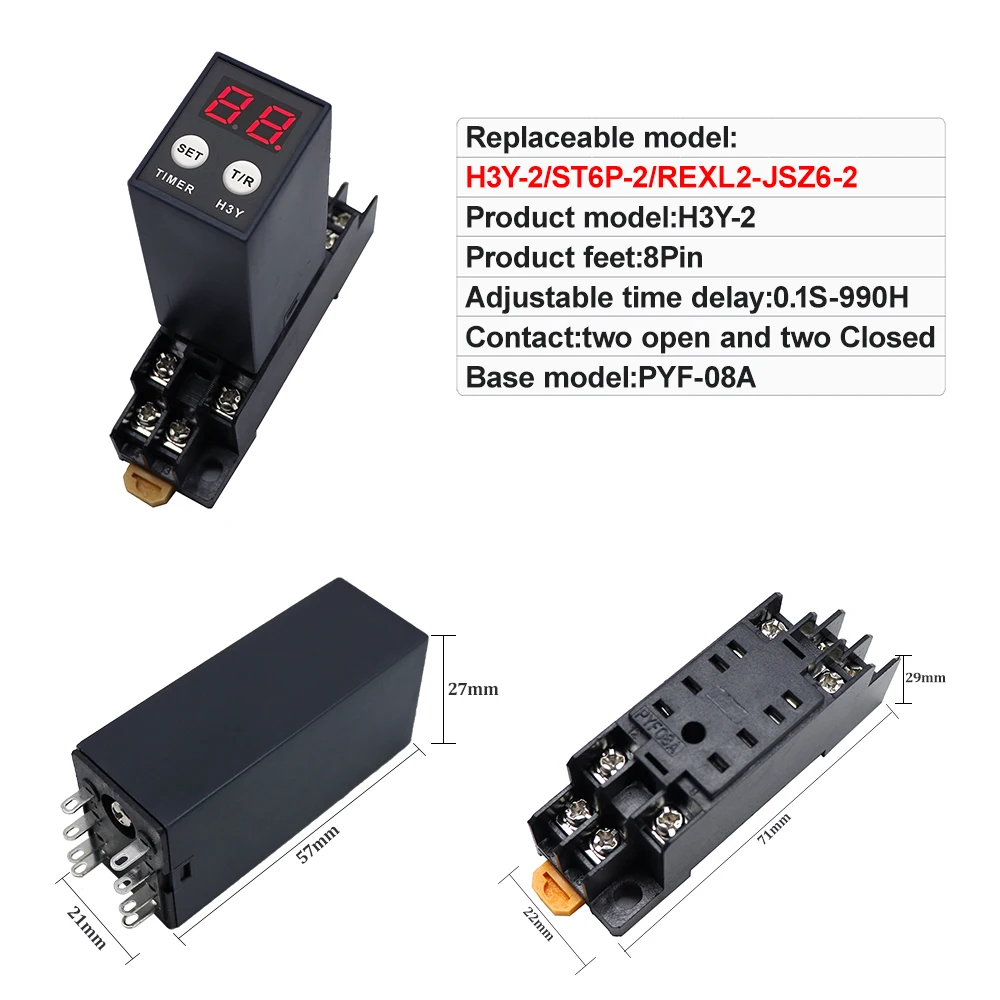 New Small Digital Display H3Y-2/H3Y-4 Time Relay Cycle Time Control Delayer 12V24V220V with Base Socket PYF08A/14A