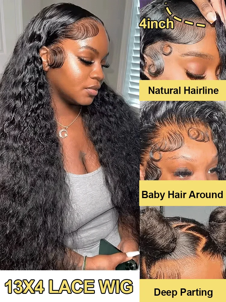 Deep Wave 13x6 Lace Front Human Hair Wigs 250% Density 13x4 HD Transparent Water Wave Curly Lace Frontal Wigs With Baby Hair Natural Color Daily Party 40 46 Inch Pre Plucked view 4
