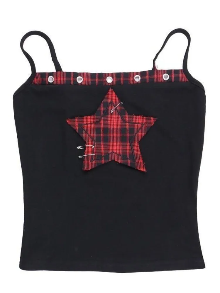 2024 Summer Streetwear Grunge Five-pointed Star Patchwork Tanks Slim Rivet Y2k Aesthetic Tank Top Harajuku Women Camisole Trendy