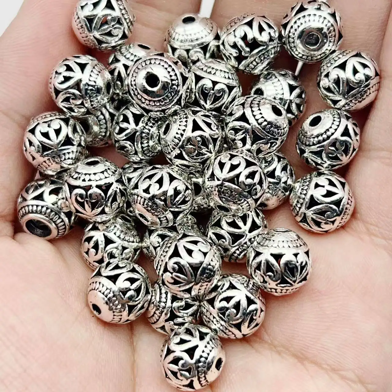 Juya 10 20 Stück/Lot 10 12mm Gravierte Perlen Hohl Antik Gold Silber Beschichtete Metallperlen für DIY Damen Herren Perlenarbeiten Schmuckherstellung – Detail 13