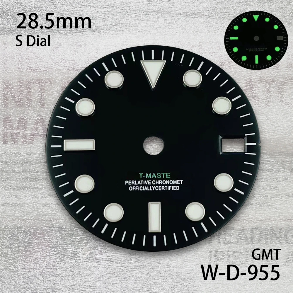 28.5mm S Logo GMT Black Dial Fit NH34 Movement Green Luminous Watch Modification Accessories