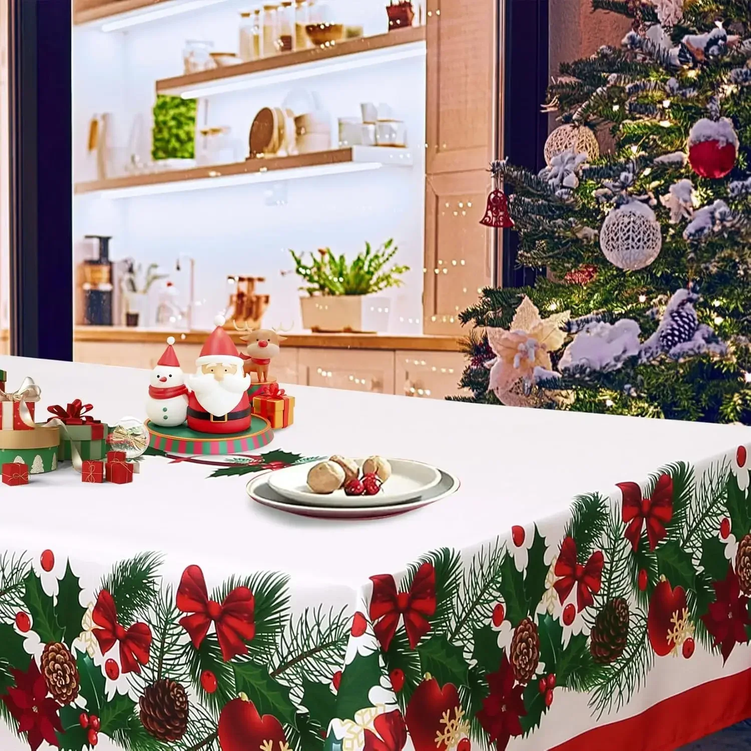 Christmas Greenery Waterproof Tablecloth Holiday Party Decor Winter Xmas Reusable Rectangle Tablecloth Christmas Decorations