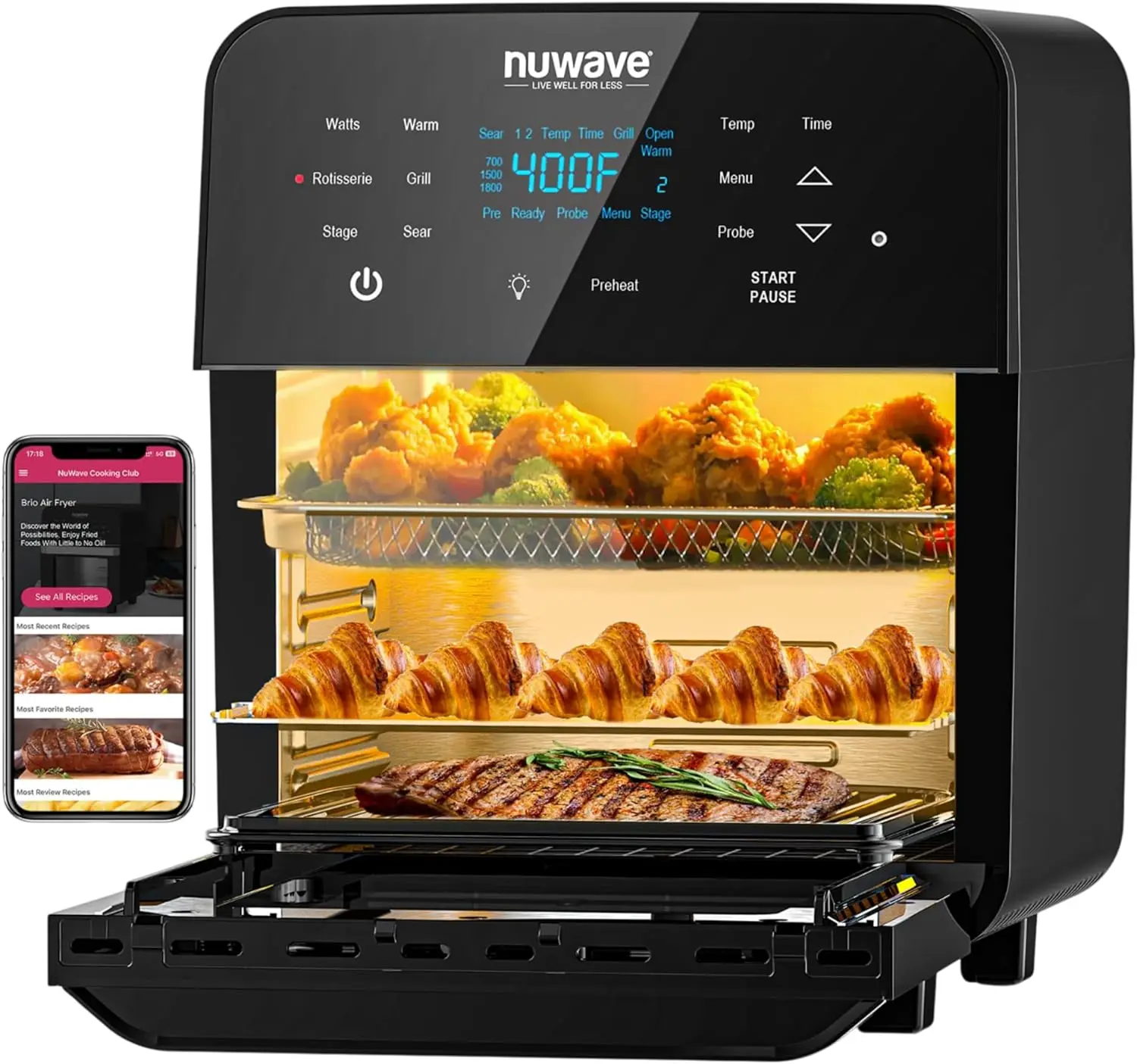 

Аэрофритюрница-духовка Nuwave Brio 15.5Qt с функцией гриля, увеличенный семейный размер, мощность 1800 Вт, 4 положения для решетки, 50 ° -425 ° Устройства контроля температуры F, 10 шт.