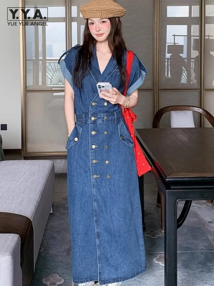 denim dress sleeve korean Summer Women Korean Style Retro Denim Dress Chic Backless Short Sleeve  Waistline Double Breasted Stylish Ankle Length Dresses