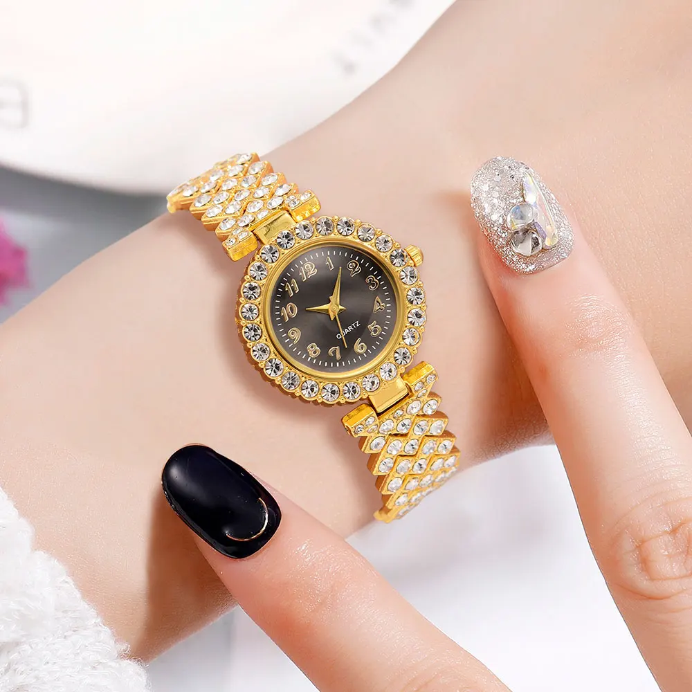 Women\'s Fashion Quartz Watch with Gold Bracelet Women\'s Leisure Fashion Round Simple Watch Dainty Wheat Jewelry Set