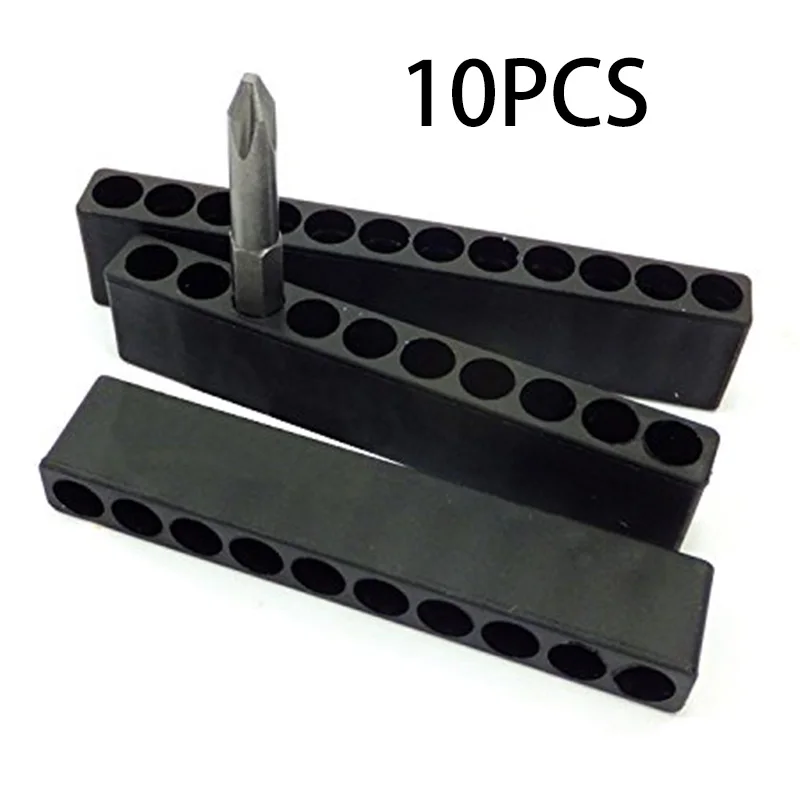 10pc Black Screwdriver Bit Holders Hex Organizer 10 Hole Plastic Shank Box Case Hand Tools Storage Supplies Workshop 85x15x8mm