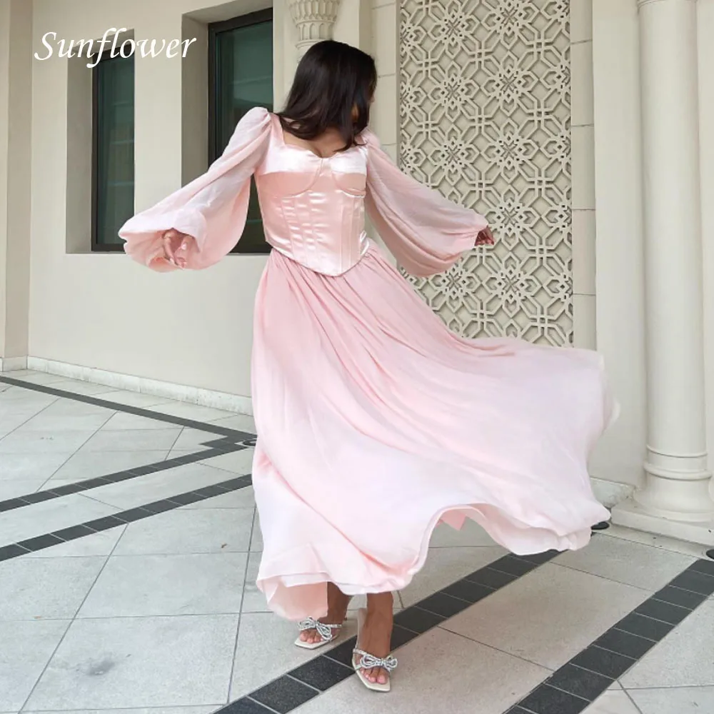 

Sunflower Square Collar Formal Evening Dress 2023 Slim A-LINE Satin Ankle-Length Chiffon Long Sleeves High-end Custom Prom Gowns