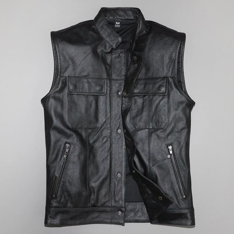 

New Genuine Cow Leather Vest Men's Real Leather Motorcycle Biker Vest High Quality Vintage Punk Style Sleeveless Jackets