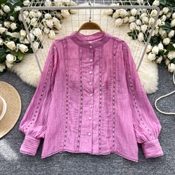 chic Vintage hollow out stand collar lace spliced lantern Sleeve casual Single Breasted Shirt Women basics High Street blouse