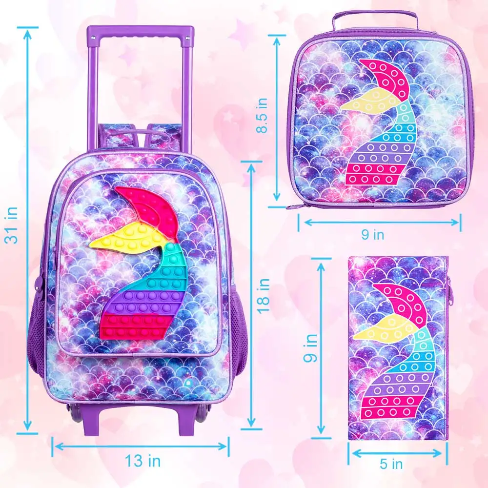 Rolling Backpack for Girls and Boys,Kids Unicorn Dinosaur Bookbag with Roller Wheels, Suitcase School Bag Set