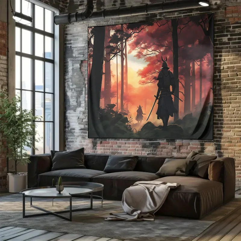 

Настенный гобелен с изображением самурая в красном одеянии в осеннем лесу, с изображением меча, машинная стирка, всесезонный декор, прочные материалы для дома.