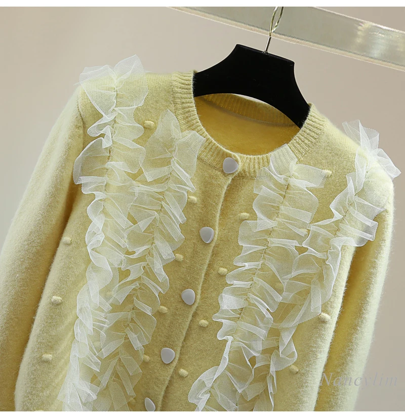 Mesh Splicing Long-sleeved Knitted Cardigan Woman Spring Winter High-waisted Short Ruffle Edge Crew Neck Yellow Sweater Tide