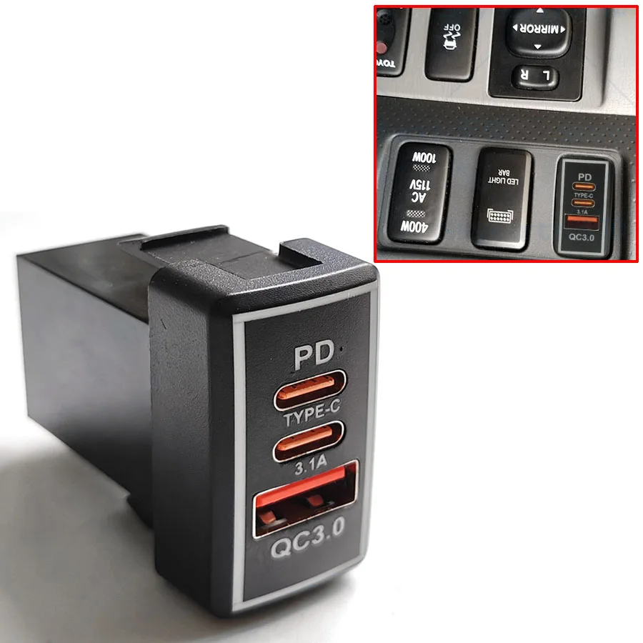 1 Uds QC3.0 USB TYPE-C adaptador de cargador rápido para coche para Toyota FJ/Land Cruiser Prado 4Runner Tacoma indicador azul LED 12/24V