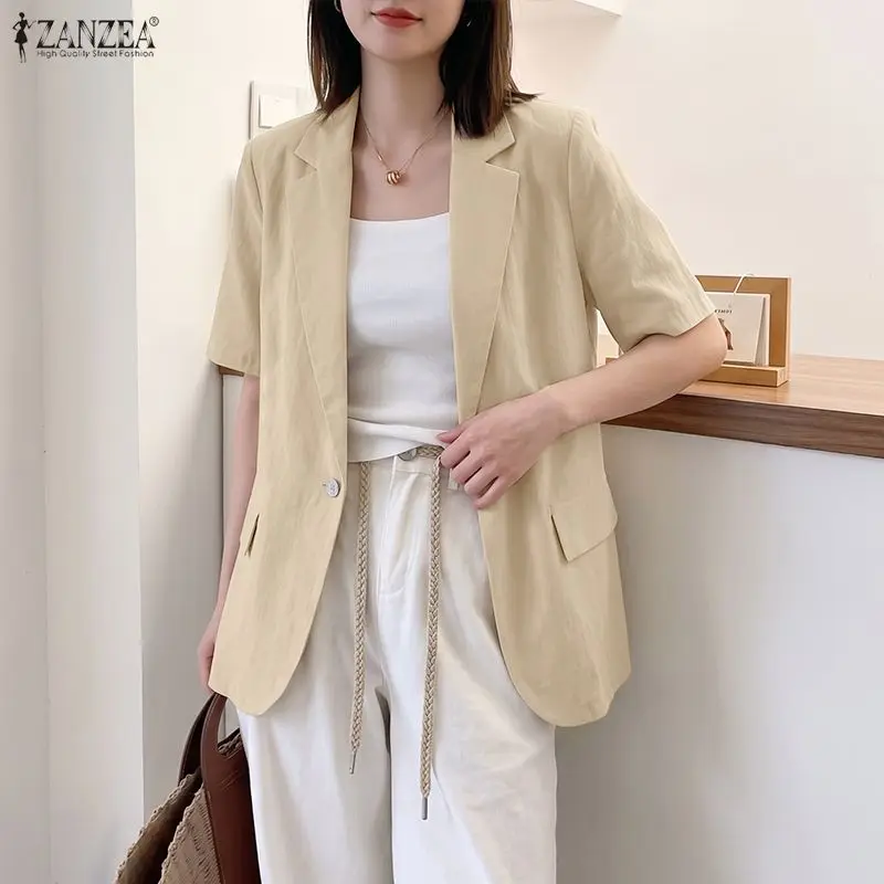 ZANZEA Women's Cotton Linen Short Sleeves Blazer Lapel Neck Button Up Solid Color Tops Casual Loose Office Wear Thin Jackets 2XL