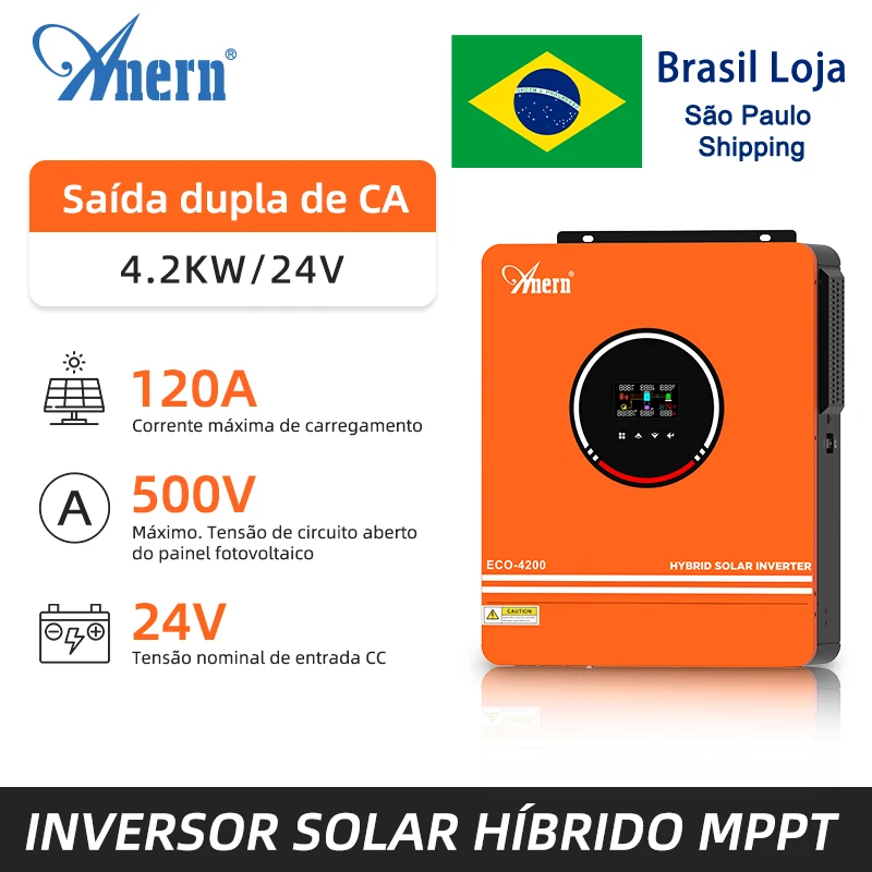 Anern 4200W 6200W Inversor Híbrido 24v Mppt na Rede Off Grid Inversor 48v 230V Entrada PV Max 500vdc MPPT 120A Carregador