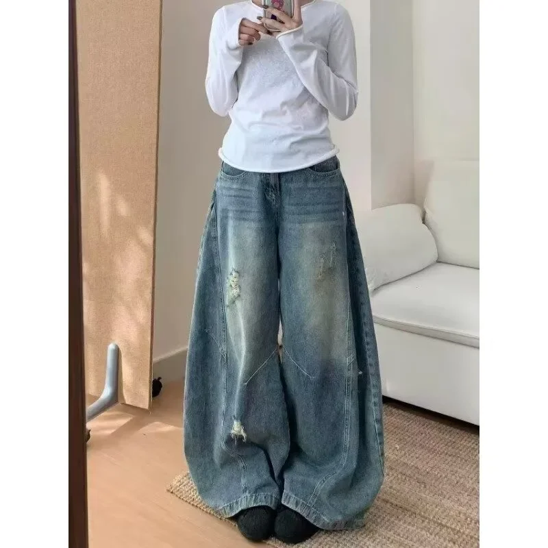 Vintage Blue High Waist Ripped Wide Leg Women Jeans Pants Loose Stylish Slimming Sweeping Trousers