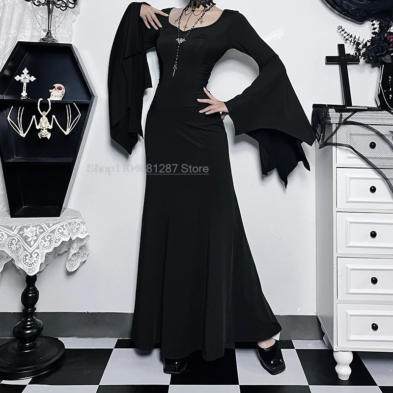 Morticia Jurk Addams Gothic Vrouwen V-Hals Lange Jurk Casual Lange Batwing Mouw Cosplay Kostuum Slim Fit Feest Club Kleding