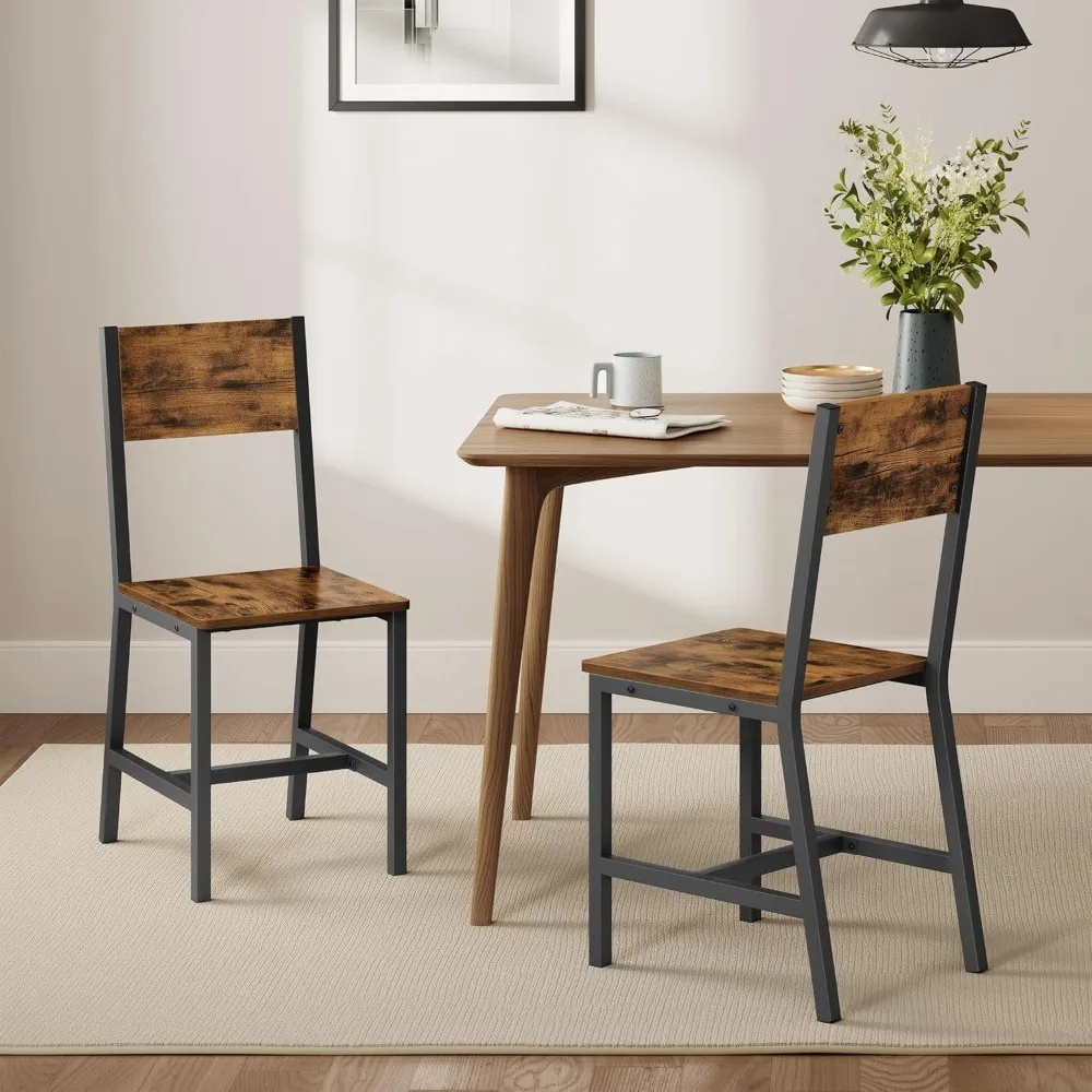 Rustic Wood Dining Chairs Set of 2, Metal Frame, Easy Assembly, Comfortable Seats, Modern Farmhouse Style for Home