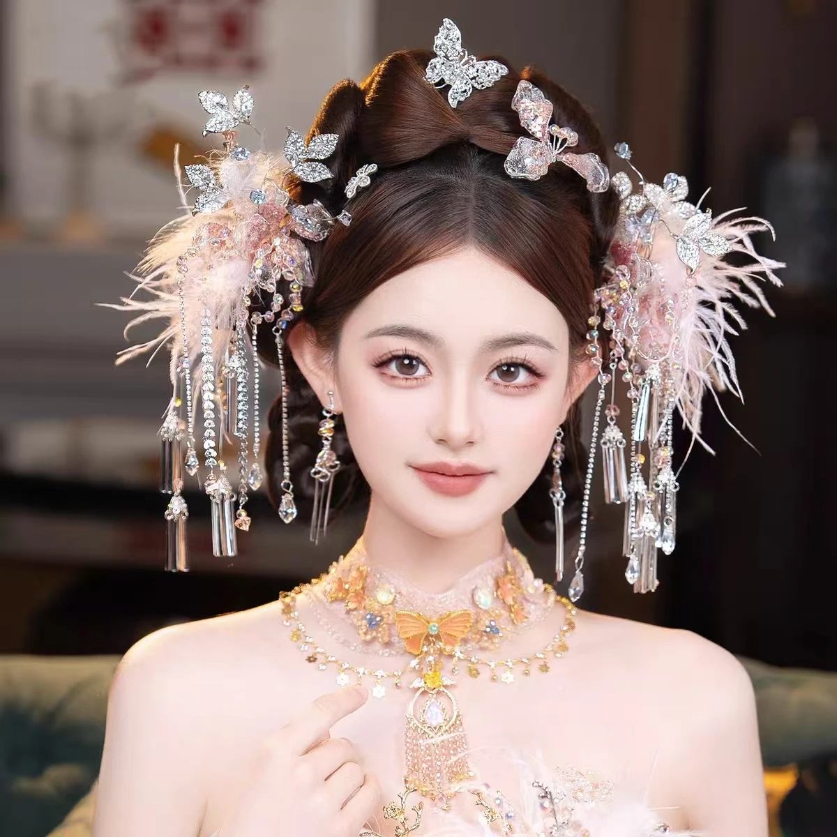 

Sweet Girl Pink Feathers Crystal Tassel Hair Accessories Ear Clip Hairpin Suit Fashion Feather Fan Handmade Women Jewelry Set