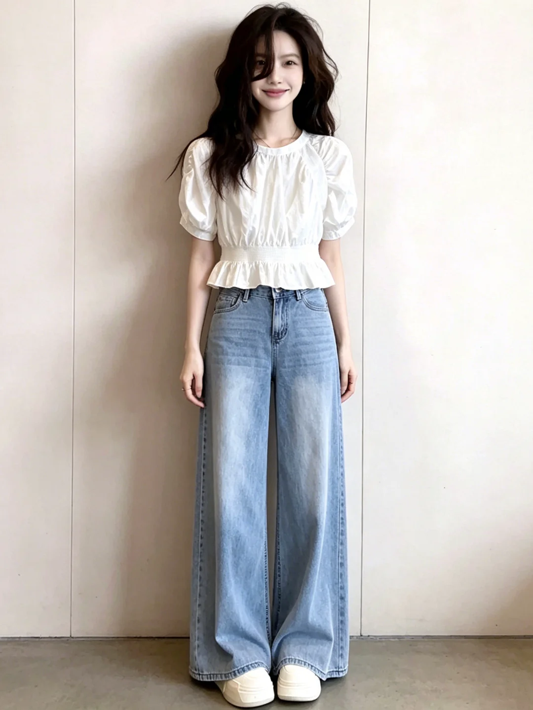 

White Shirt And Straight Leg Jeans Set Women's Short Sleeve Fashionable Korean Style Summer Outfit High Waist Trousers