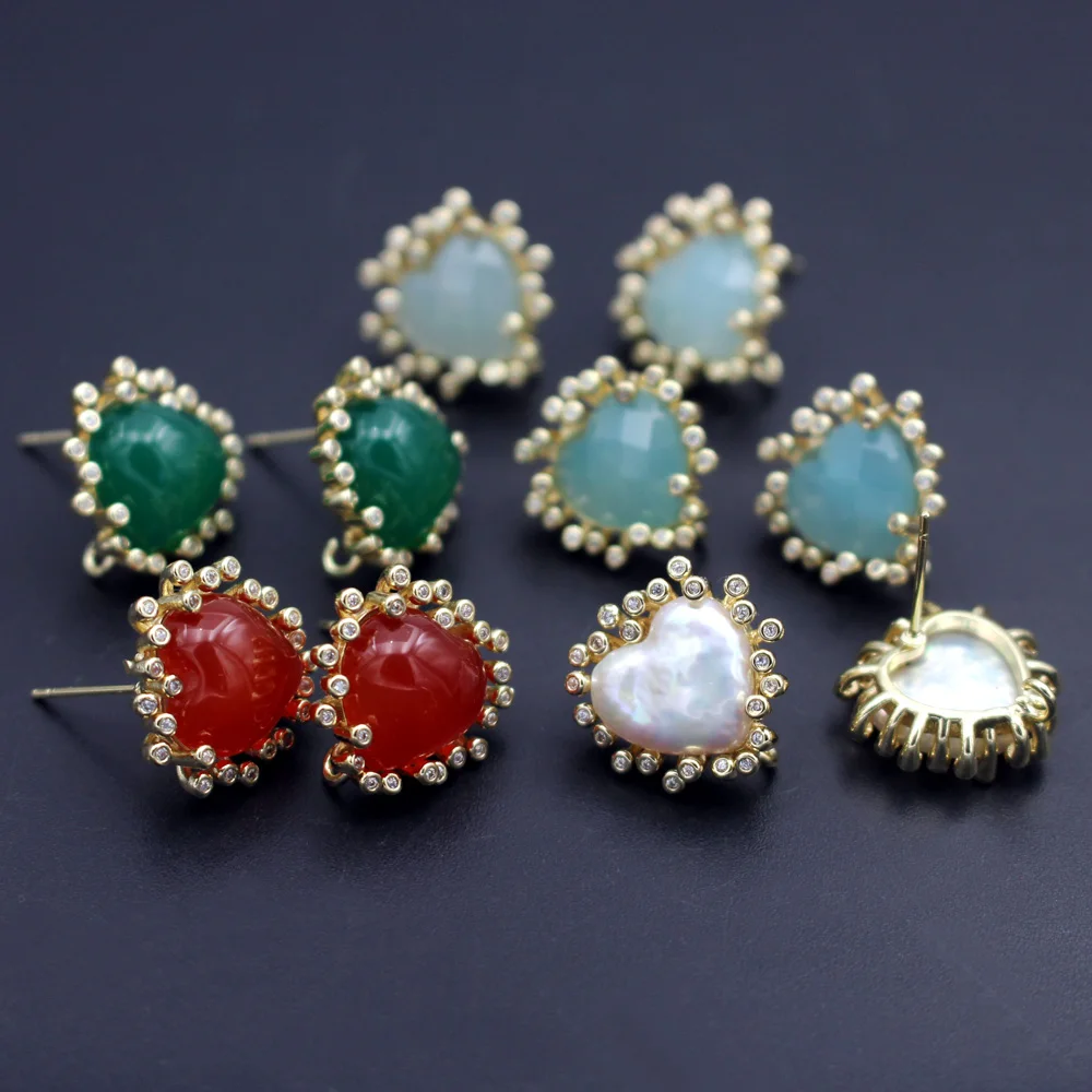 

6pair Heart Natural Baroque Pearl Stone CZ Stud Earrings with Linker Connectors DIY for Bridal Wedding Jewelry Accessories