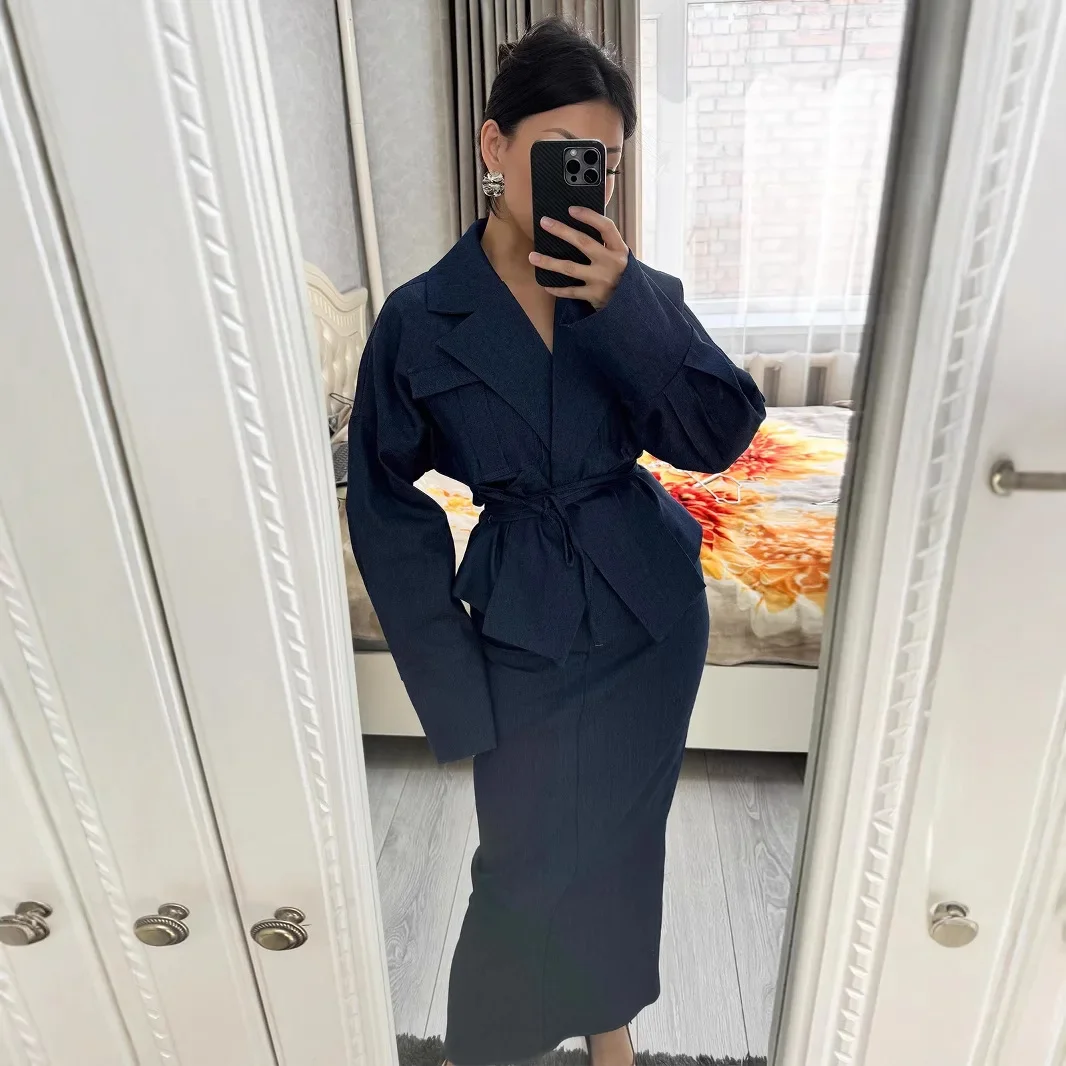 Elegant Long Sleeve Lace-up Shirt With High Waist Long Skirt Set For Woman Temperament Spring Office Lady Outfits