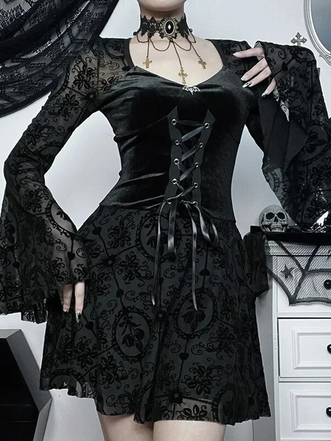 Vestido feminino de manga comprida com cadarço e decote em V primavera verão K-Fashion Hotsweet cintura cortada estilo retrô vintage para mulheres