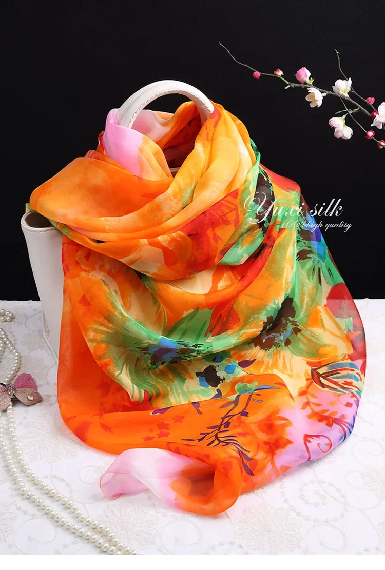 100%  silk scarf  Women Printed  Orange floral silk scarf ladies Hangzhou  all seasons  elegant  soft Long Shawl Wrap  spring