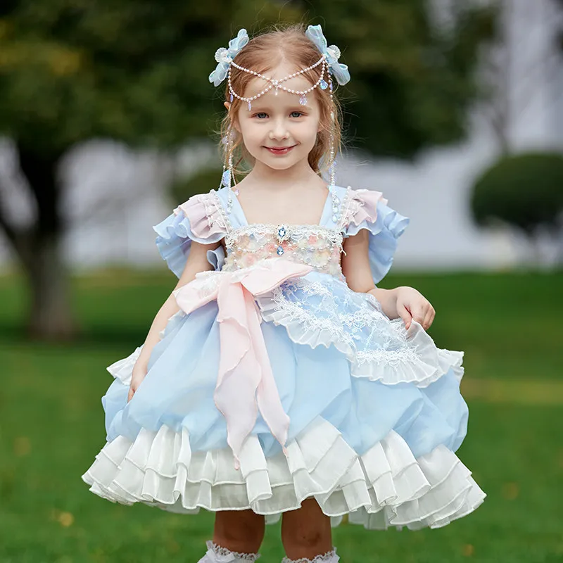 

Blue Sweet Lolita Dress for Girls Puff Sleeve Lace Ruffle Tulle Tutu Dress Kids Elegant Princess Gown for Birthday Carnival