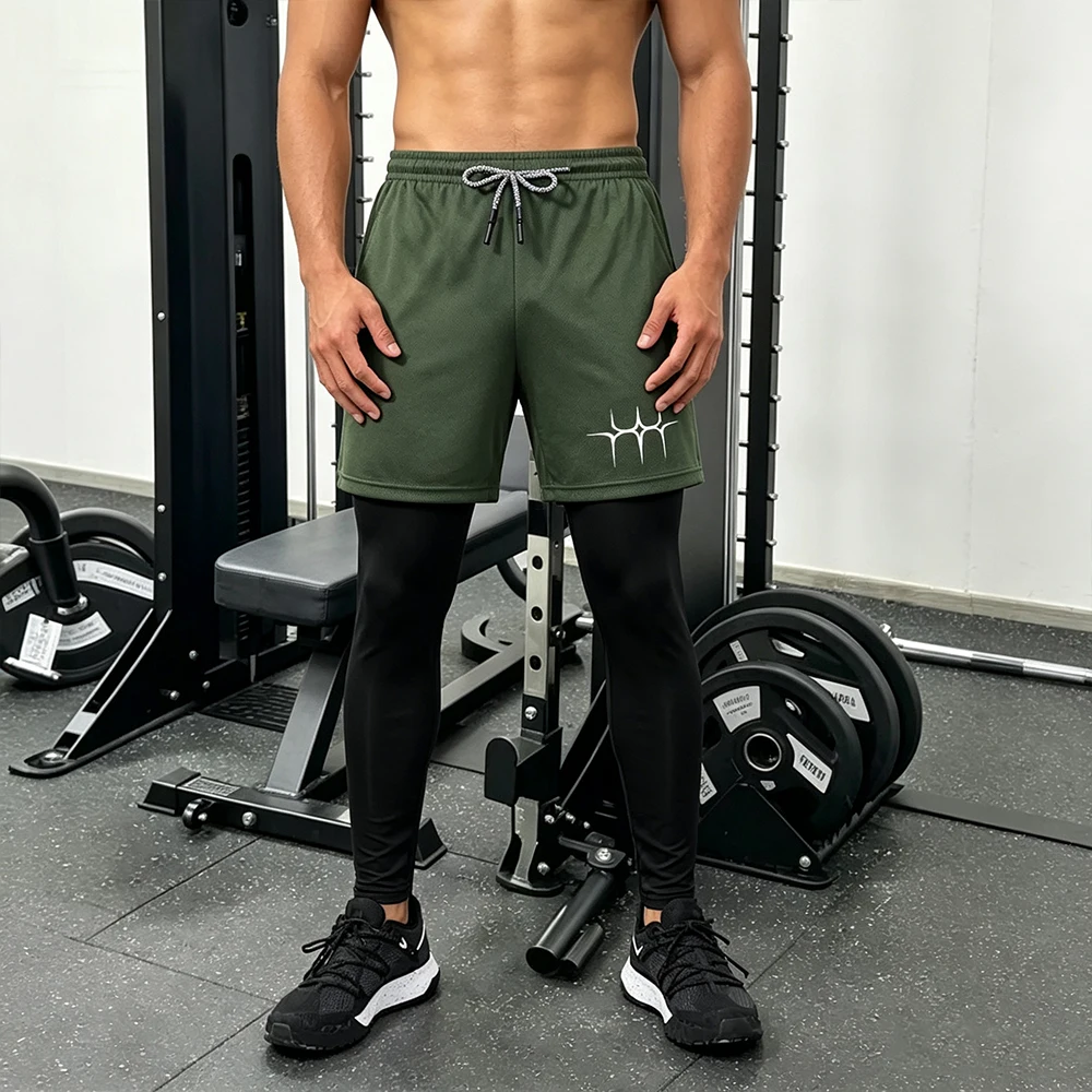 Men's Double Layer Athletic Pants Outer Shorts Tights Liner Trousers Spike Star Print Multi-Pocket Drawstring Running Leggings