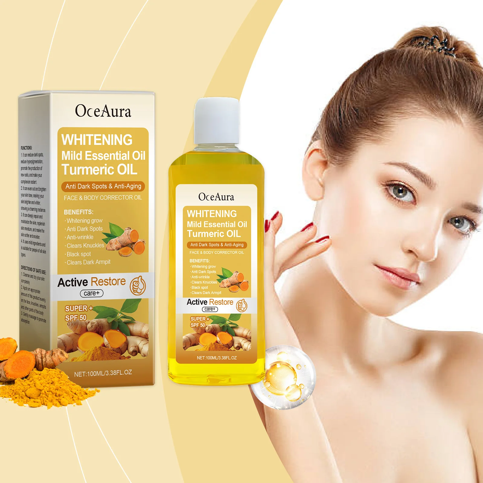 ホワイトニング ターメリック エッセンシャル オイル – ダークスポット防止、アンチエイジング、ブライトニング フェイス & ボディ コレクター オイル SPF50、100ml