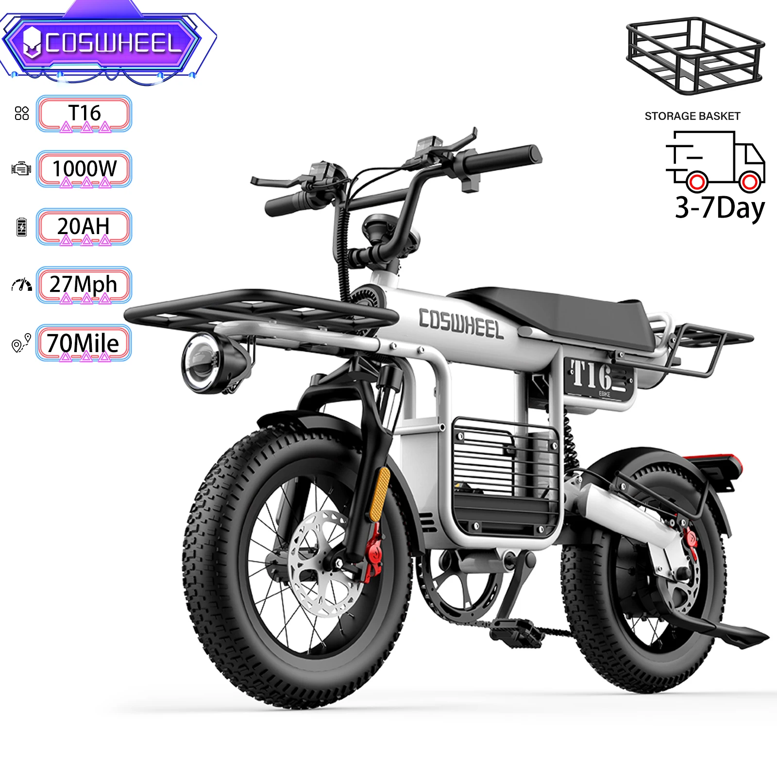 

Electric Bike Adult COSWHELL T16 1000W 27Mph 48V 20AH 70Mile 7 Speed With Shopping Basket Full Suspension All Terrain E-Bike