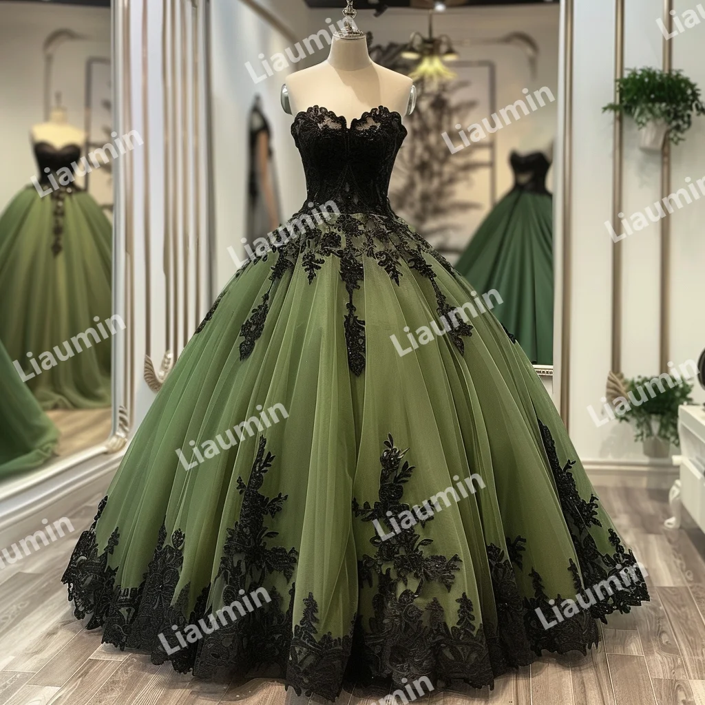 Nieuwe Groene Tule Zwart Kant Applique Strapless Baljurk Prom Formele Jurken Avondfeest Kant Rug Op Maat Gemaakte A3-3.3