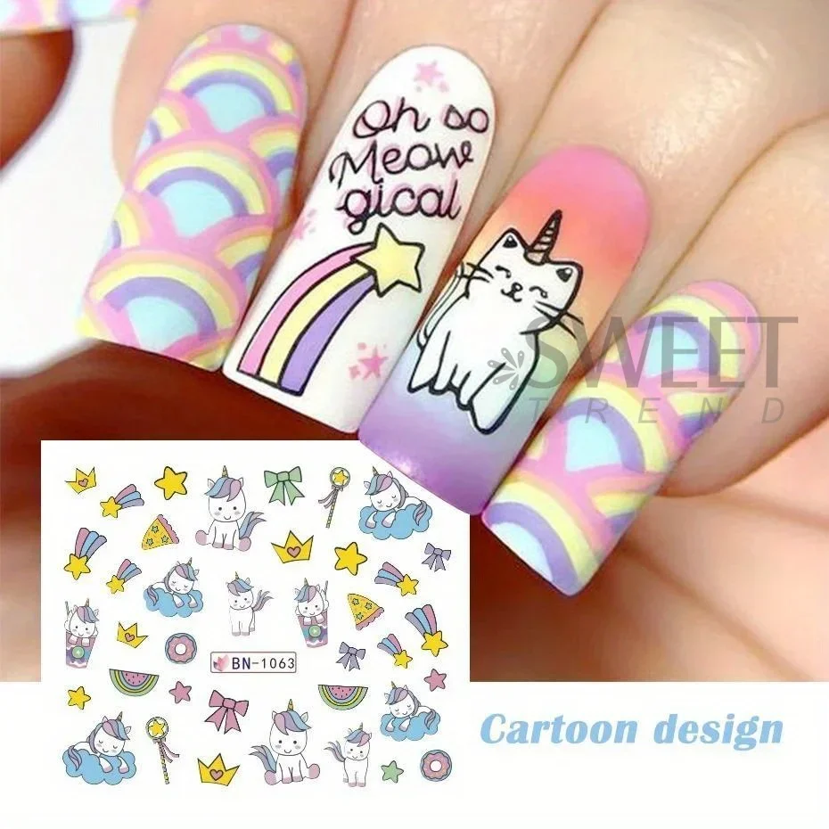 12 stuks Eenhoorn Nagel Water Stickers Roze Paard Zoete Liefde Ijs Donut Transfer Sliders Regenboog Dopamine Ontwerp Manicure Folie