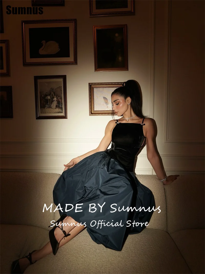 Sumnus elegante a linha vestido de baile veludo preto cinta espaguete midi formal vestido de noite gala robes de soirée personalizado