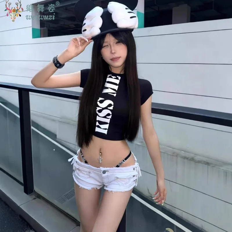 여성용 섹시 로우 웨이스트 데님 반바지 Y2K 스파이시 걸 레이스업 반바지 나이트클럽 DJ 폴댄스 DS 플러팅 유니폼