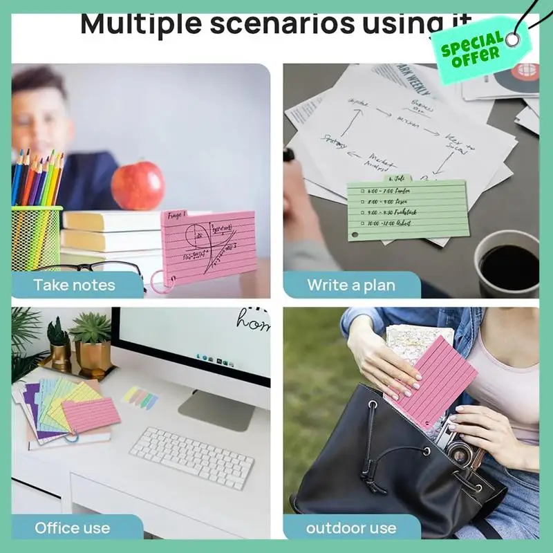 

A95Q-300 Pack Index Cards, 3Inch X 5Inch Ruled Index Cards With Ring, Colored Lined Flash Cards, Both Sides Note Cards
