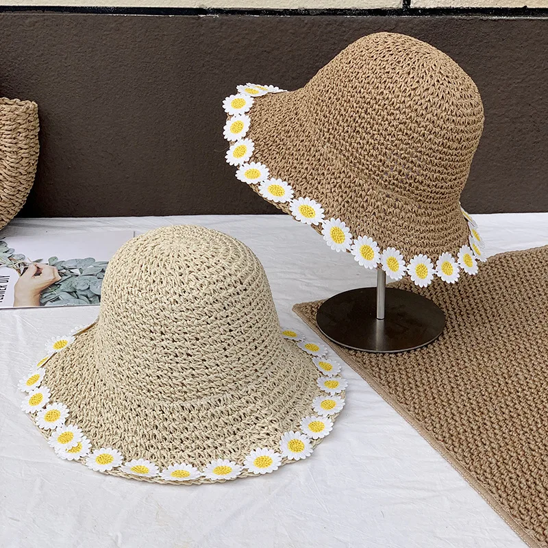 

Summer Kawaii Straw Hat Sunflower Decorations Beach Vacation Sun Protection Hat Foldable Girl's Fisherman Hat Cute Hats