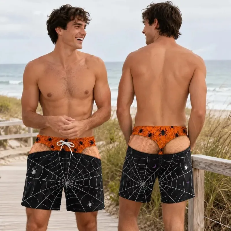 Skeleton Print Men's Back Hollowed Out Beach Pants, Funny and Creative Swim Trunks