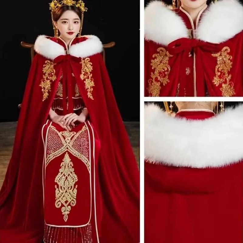 Women`Long Red Velvet Tweed Hooded Cape Poncho 2024 Winter Warm Cloak Christmas Embroidery Hanfu Cloak New Year Costume Cape
