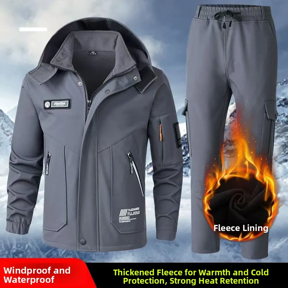 

Men's Fce Lined Thiened Waterproof Winter Jaet Pants Set Cycling Mountain Climbing Workwear Warm Outdoor Casual Clothes